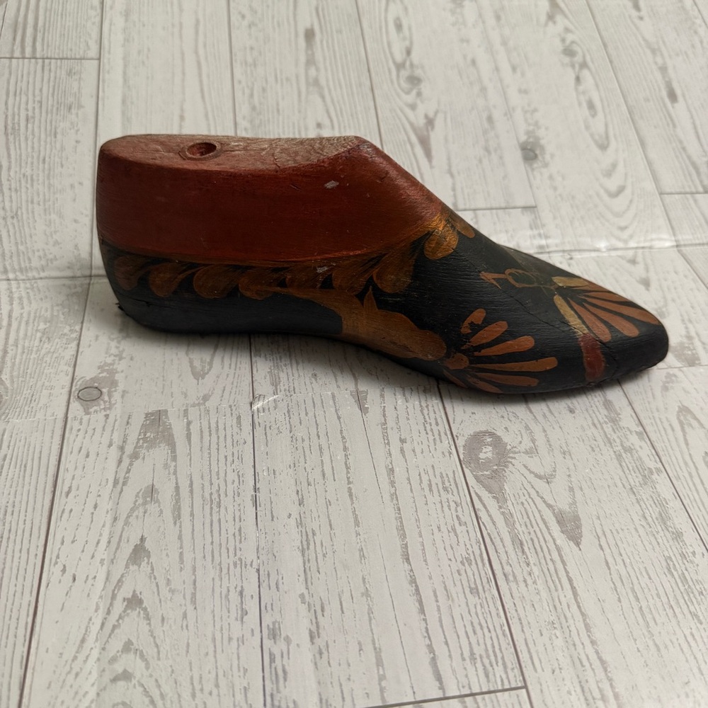 Vintage Wooden Shoe Form with Hand Painted Floral Design Size‎ Small